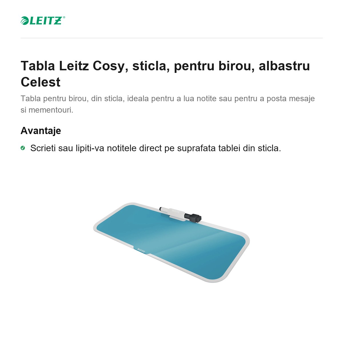 Tabla Leitz Cosy, sticla, pentru birou, albastru Celest [2]