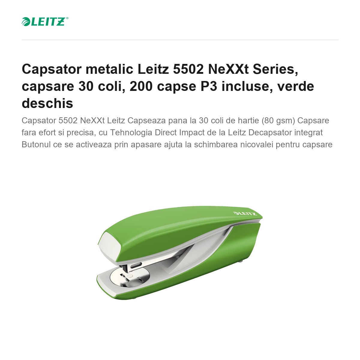 Capsator metalic Leitz 5502 NeXXt Series, capsare 30 coli, 200 capse P3 incluse, verde deschis [2]