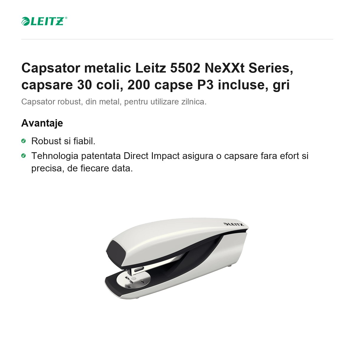Capsator metalic Leitz 5502 NeXXt Series, capsare 30 coli, 200 capse P3 incluse, gri [2]