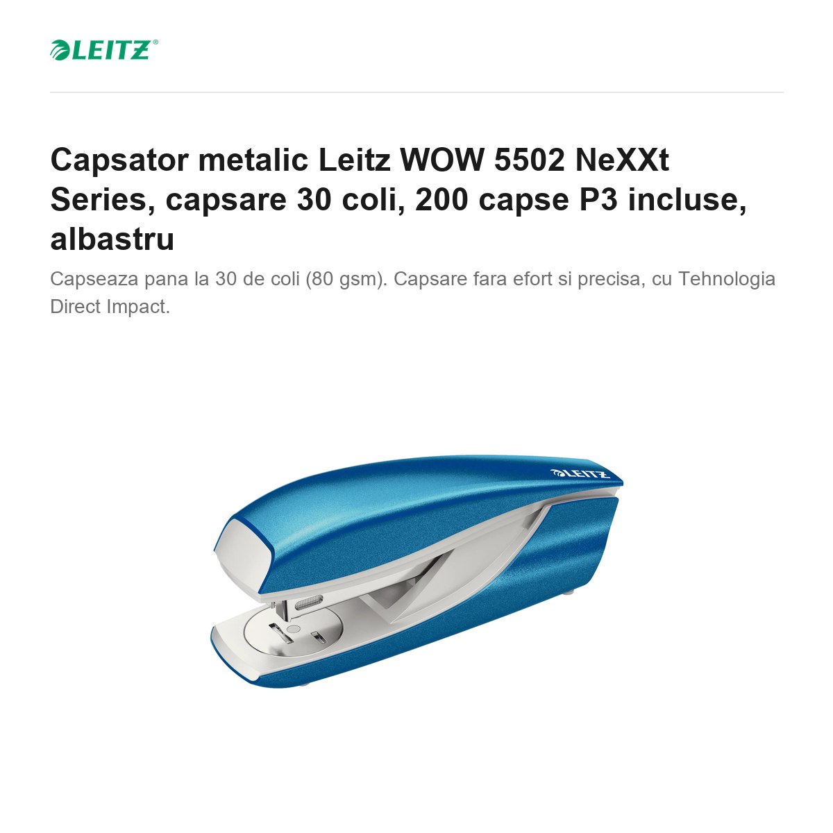 Capsator metalic Leitz WOW 5502 NeXXt Series, capsare 30 coli, 200 capse P3 incluse, albastru [2]