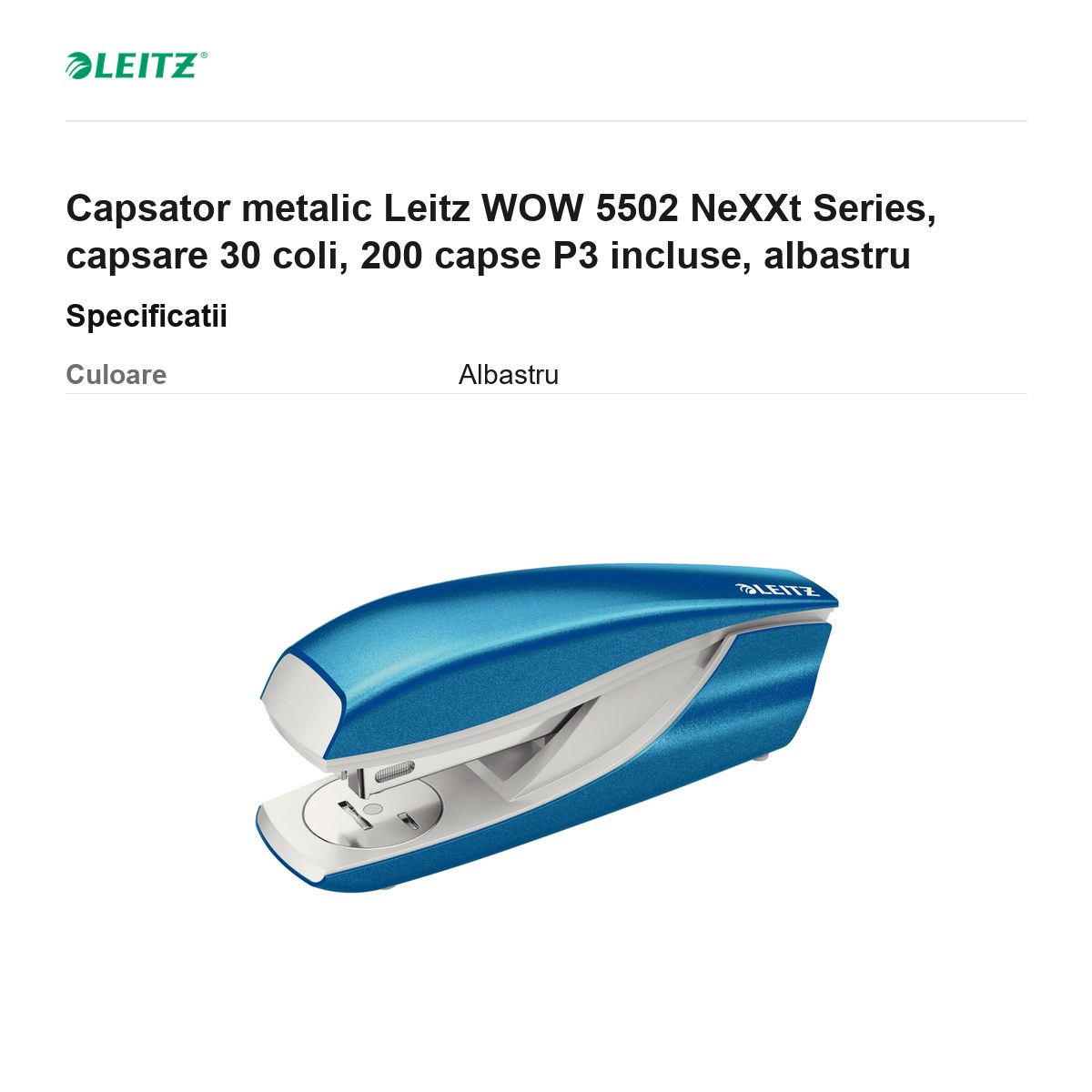 Capsator metalic Leitz WOW 5502 NeXXt Series, capsare 30 coli, 200 capse P3 incluse, albastru [3]