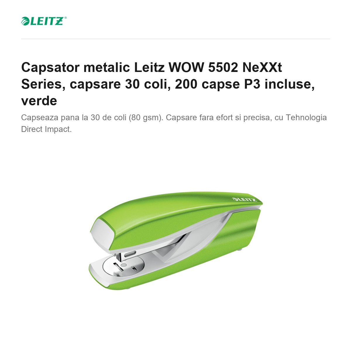 Capsator metalic Leitz WOW 5502 NeXXt Series, capsare 30 coli, 200 capse P3 incluse, verde [2]