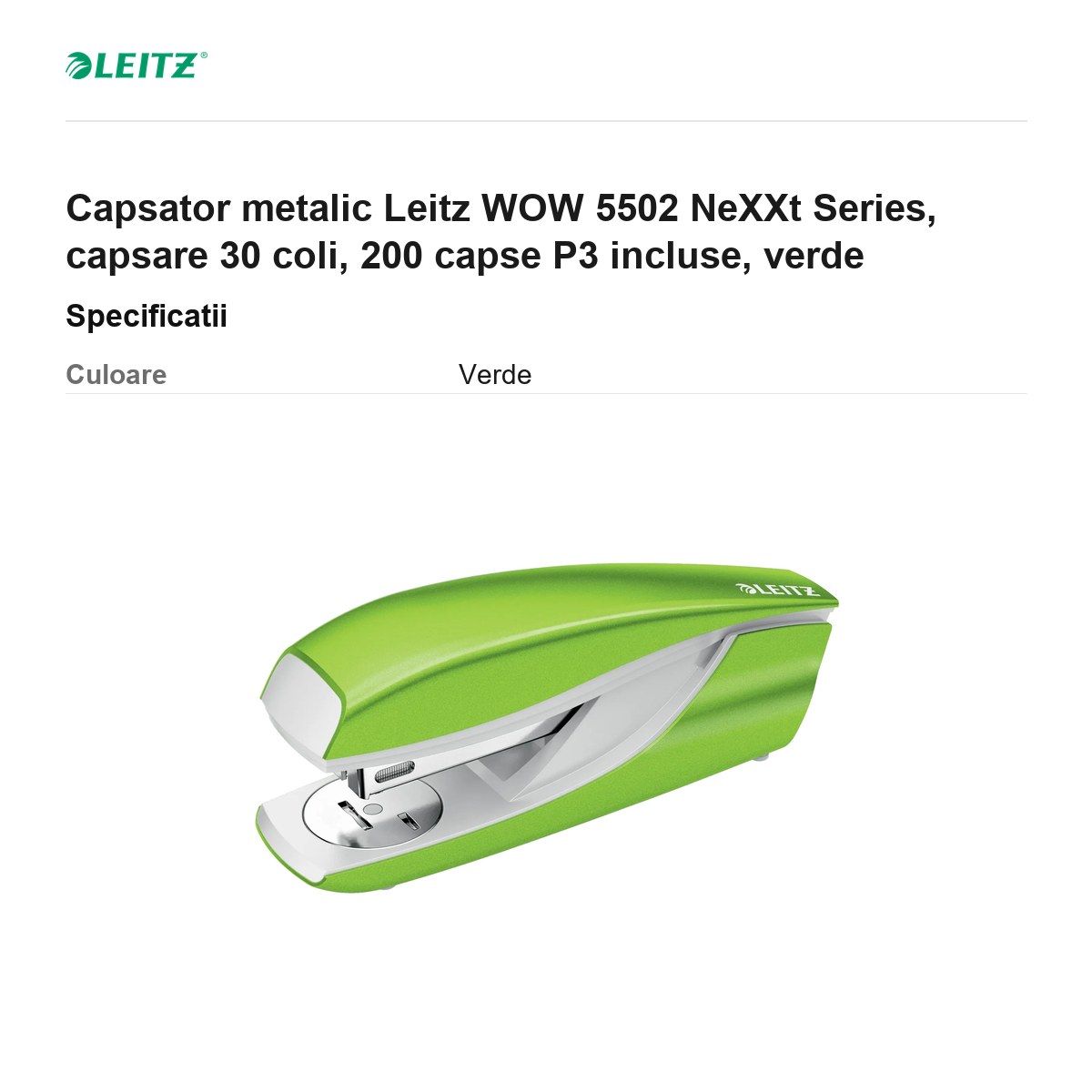 Capsator metalic Leitz WOW 5502 NeXXt Series, capsare 30 coli, 200 capse P3 incluse, verde [3]