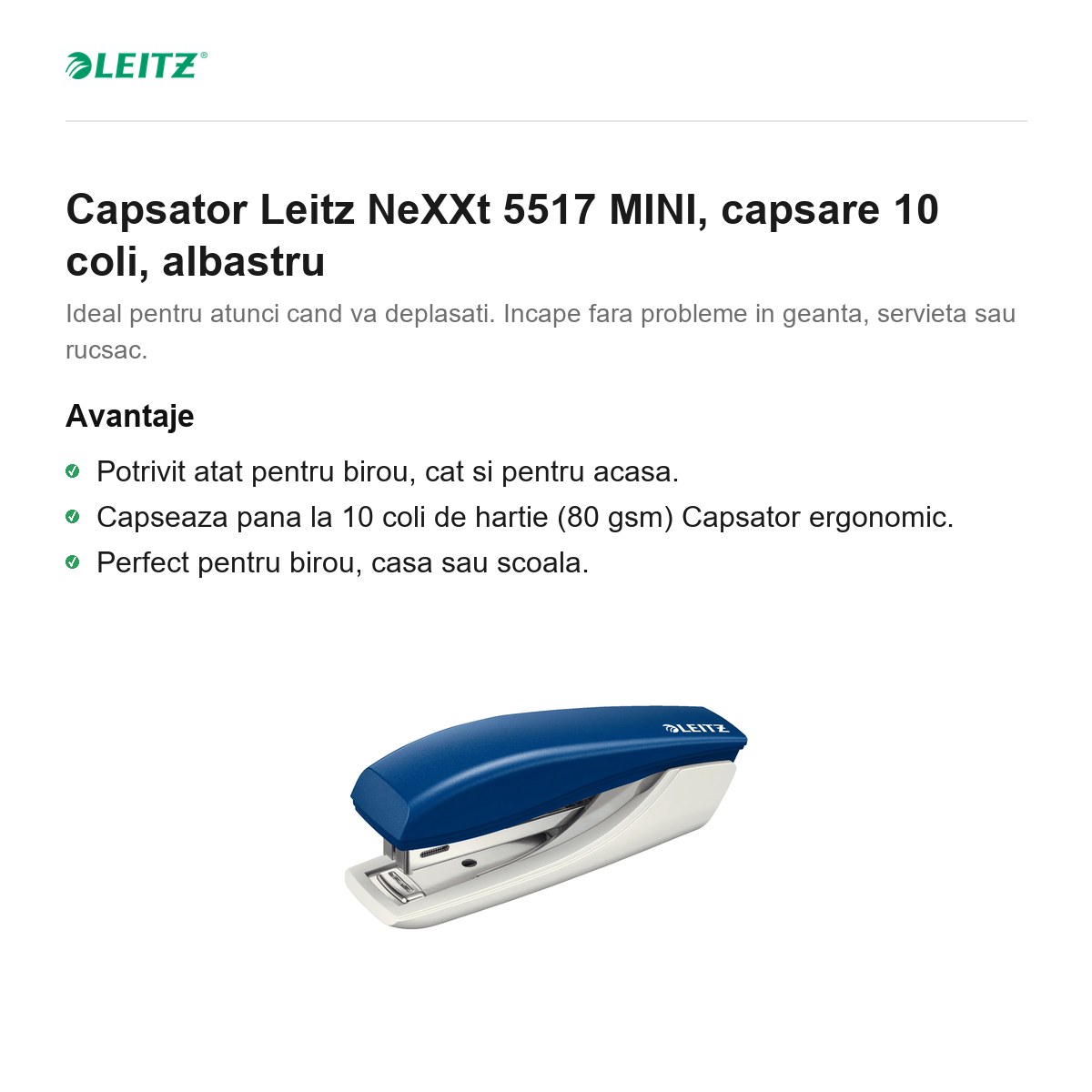 Capsator Leitz NeXXt 5517 MINI, capsare 10 coli, albastru [2]