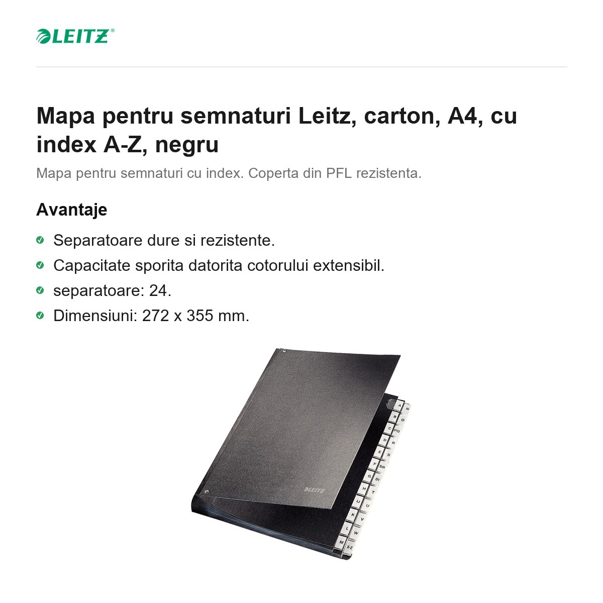 Mapa pentru semnaturi Leitz, carton, A4, cu index A-Z, negru [2]