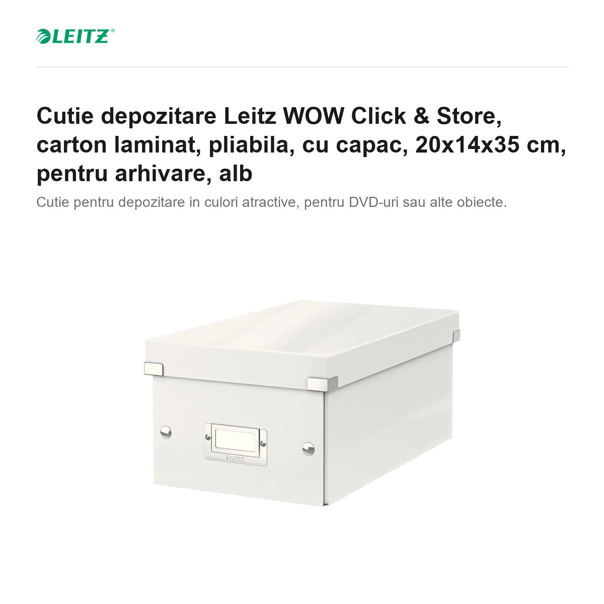 Cutie depozitare Leitz WOW Click & Store, carton laminat, pliabila, cu capac, 20x14x35 cm, pentru arhivare, alb [2]