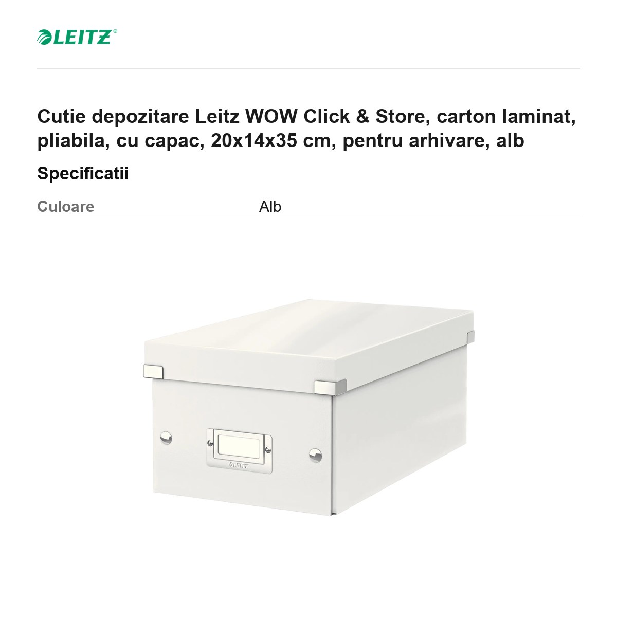 Cutie depozitare Leitz WOW Click & Store, carton laminat, pliabila, cu capac, 20x14x35 cm, pentru arhivare, alb [3]