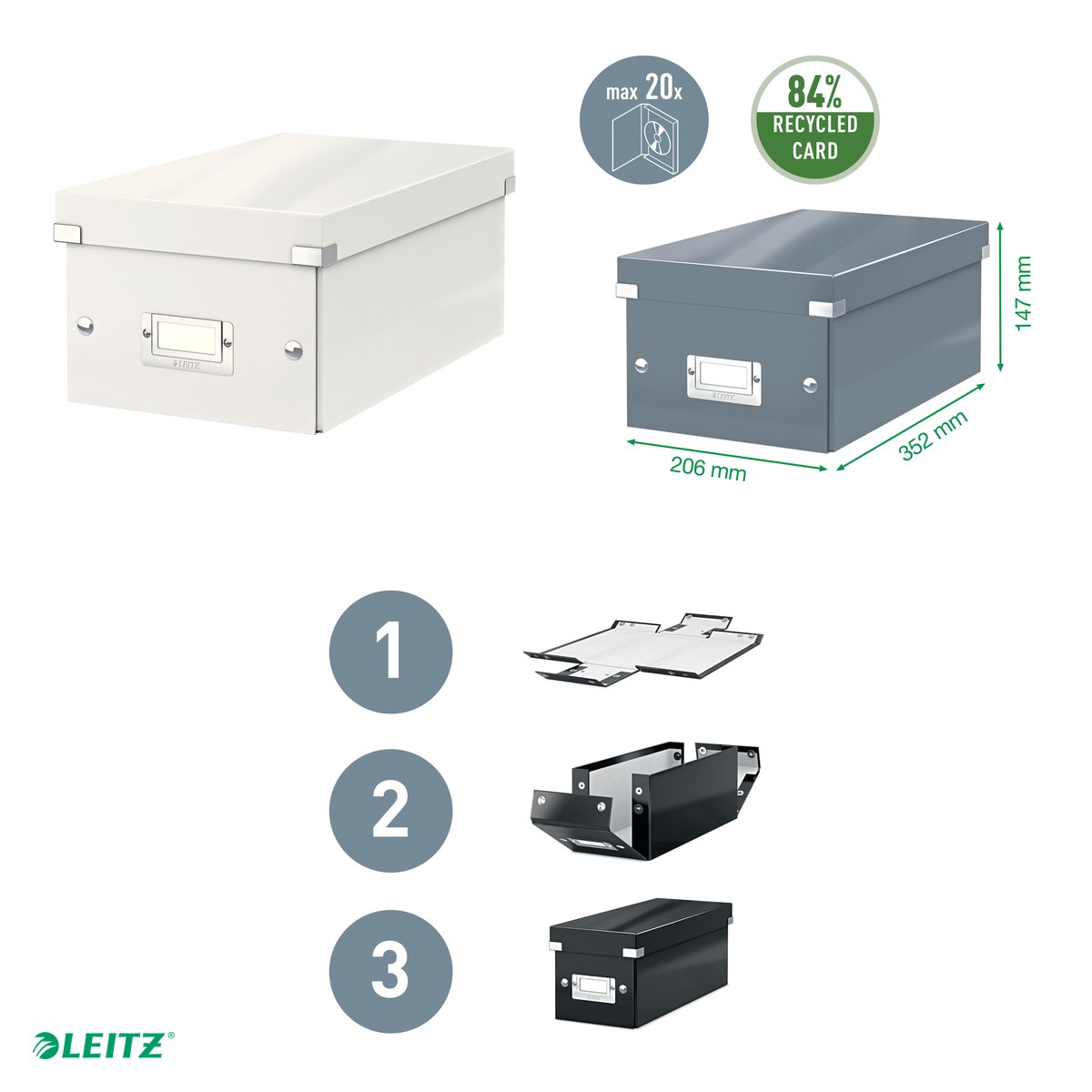 Cutie depozitare Leitz WOW Click & Store, carton laminat, pliabila, cu capac, 20x14x35 cm, pentru arhivare, alb [4]
