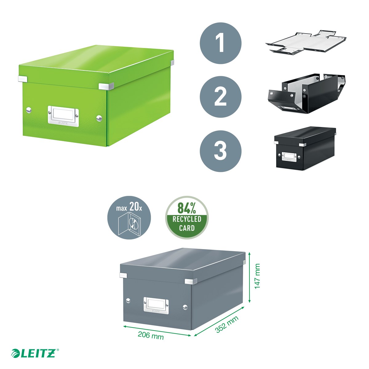 Cutie depozitare Leitz WOW Click & Store, carton laminat, pliabila, cu capac, 20x14x35 cm, pentru arhivare, verde [4]