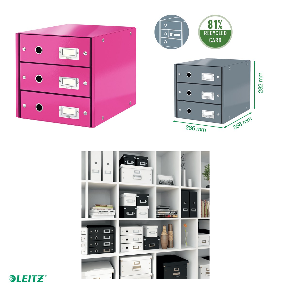 Suport cu sertare Leitz Click & Store WOW (3 sertare), roz [4]