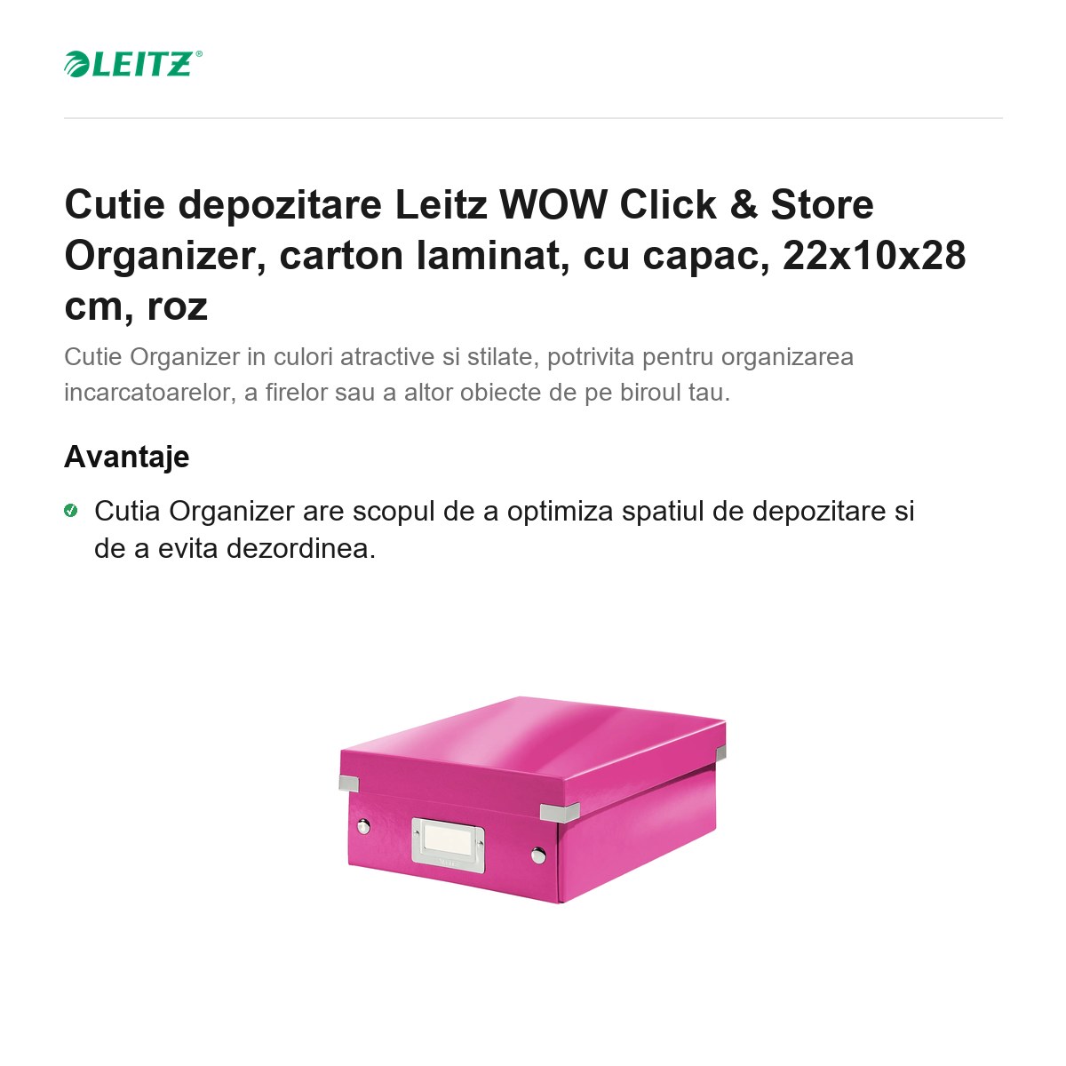 Cutie depozitare Leitz WOW Click & Store Organizer, carton laminat, cu capac, 22x10x28 cm, roz [2]