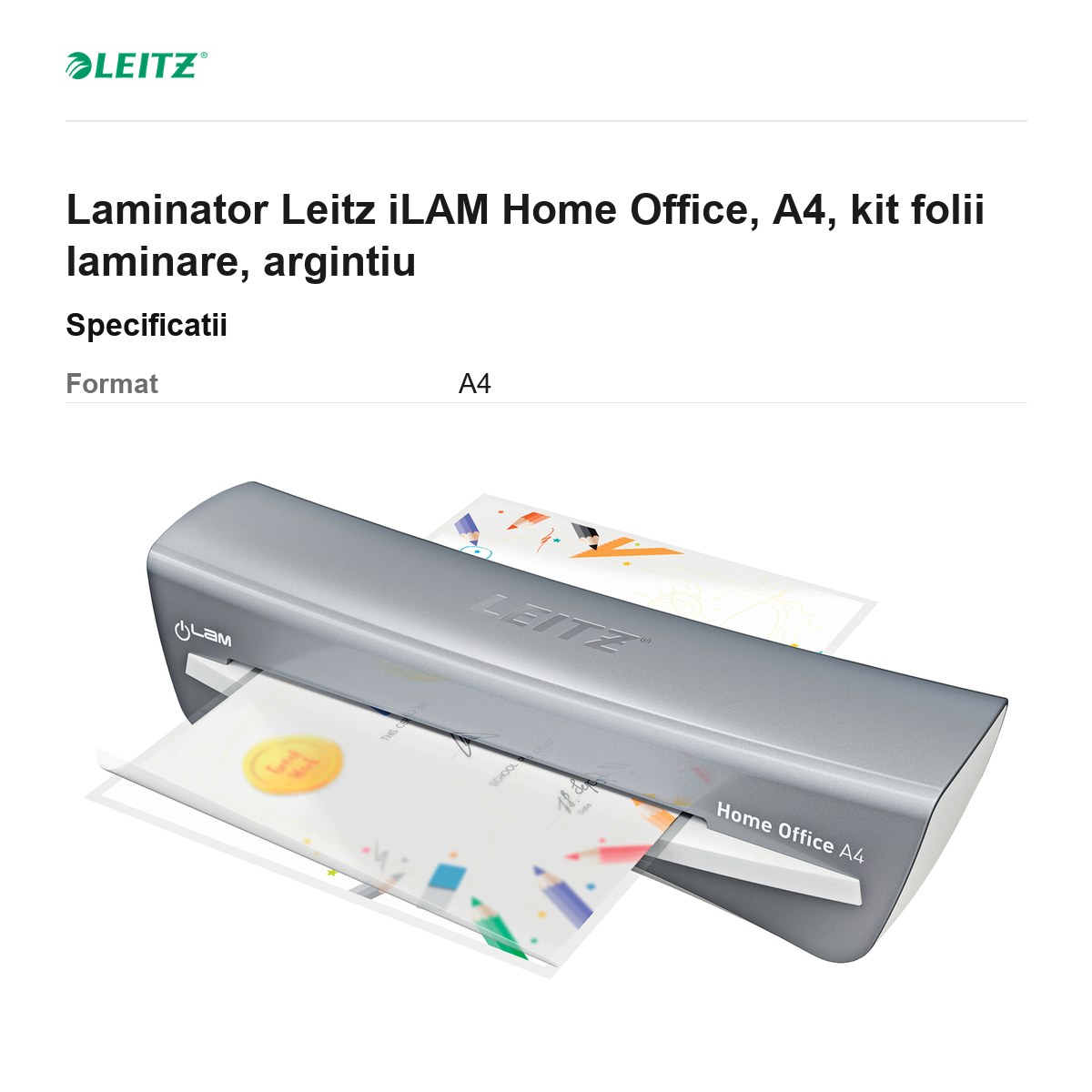 Laminator Leitz iLAM Home Office, A4, kit folii laminare, argintiu [3]