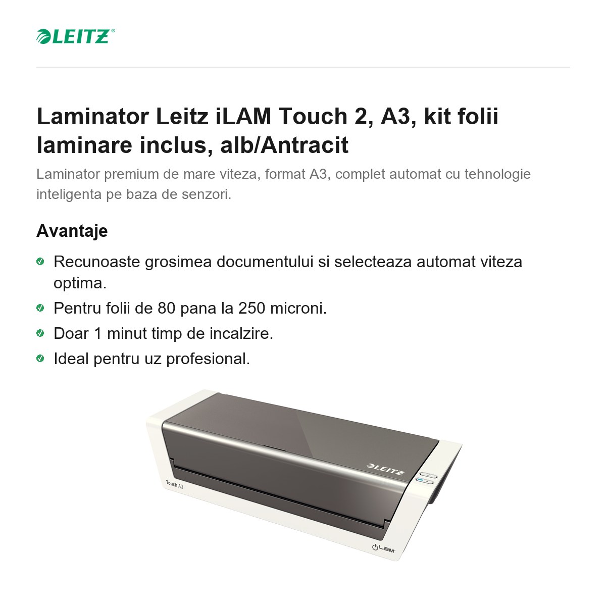 Laminator Leitz iLAM Touch 2, A3, kit folii laminare inclus, alb/Antracit [2]