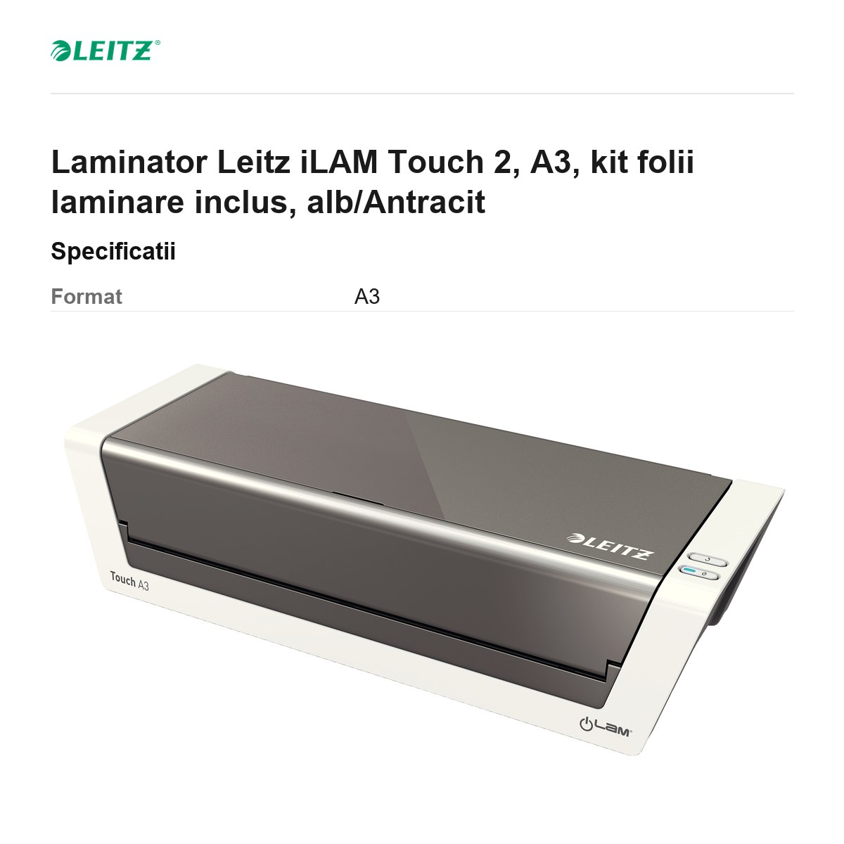 Laminator Leitz iLAM Touch 2, A3, kit folii laminare inclus, alb/Antracit [3]