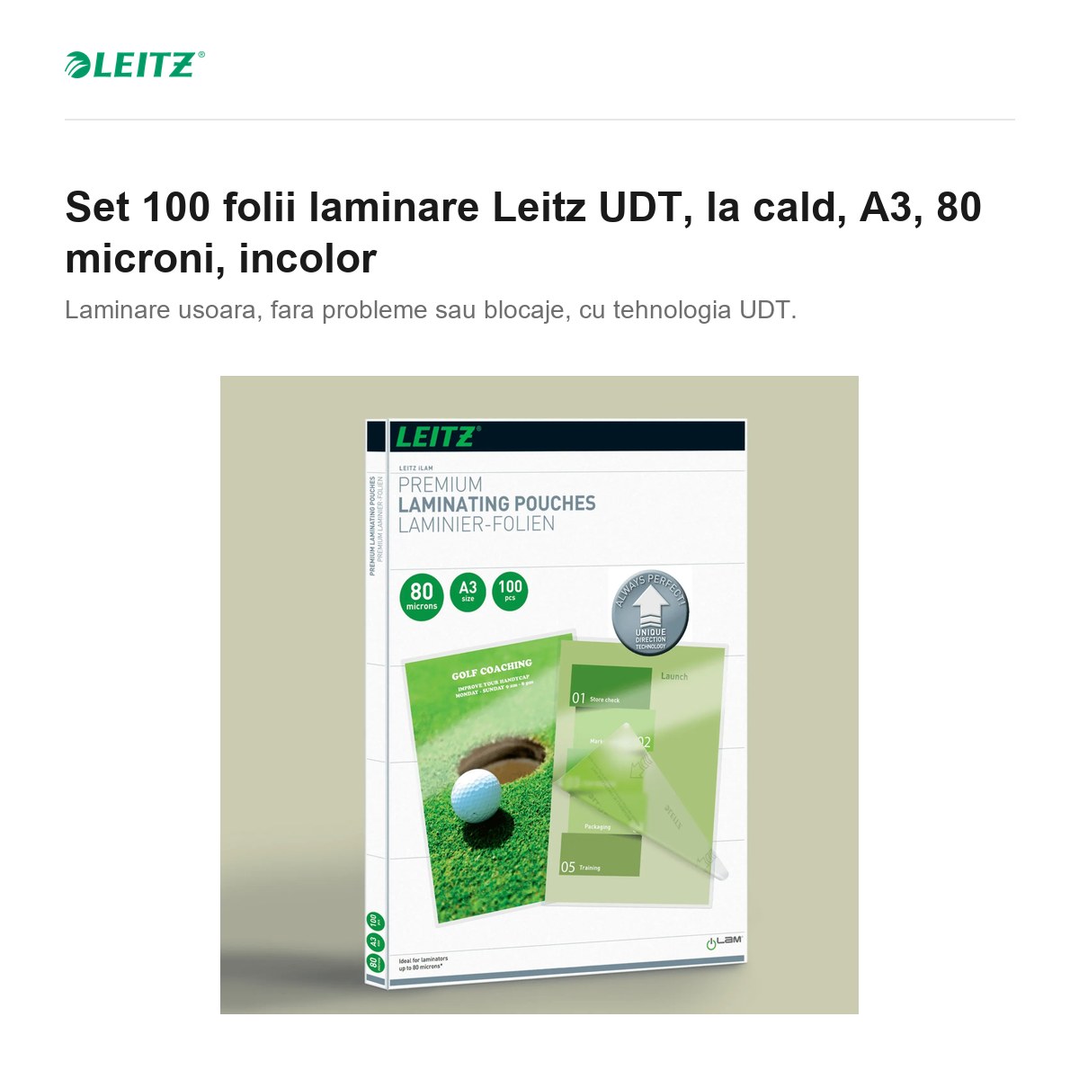 Set 100 folii laminare Leitz UDT, la cald, A3, 80 microni, incolor [2]