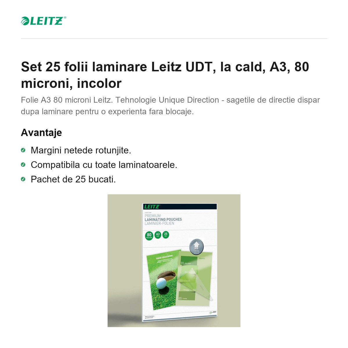Set 25 folii laminare Leitz UDT, la cald, A3, 80 microni, incolor [2]