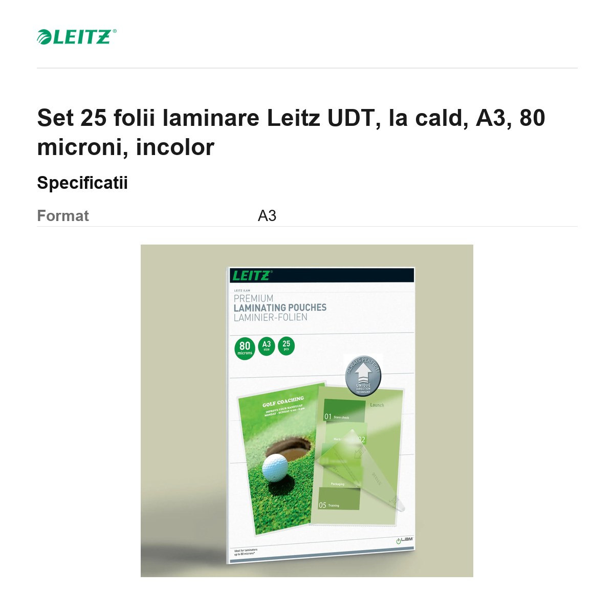 Set 25 folii laminare Leitz UDT, la cald, A3, 80 microni, incolor [3]