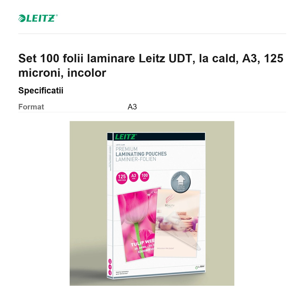 Set 100 folii laminare Leitz UDT, la cald, A3, 125 microni, incolor [3]