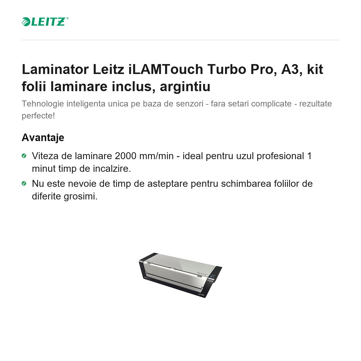 Laminator Leitz iLAMTouch Turbo Pro, A3, kit folii laminare inclus, argintiu [2]