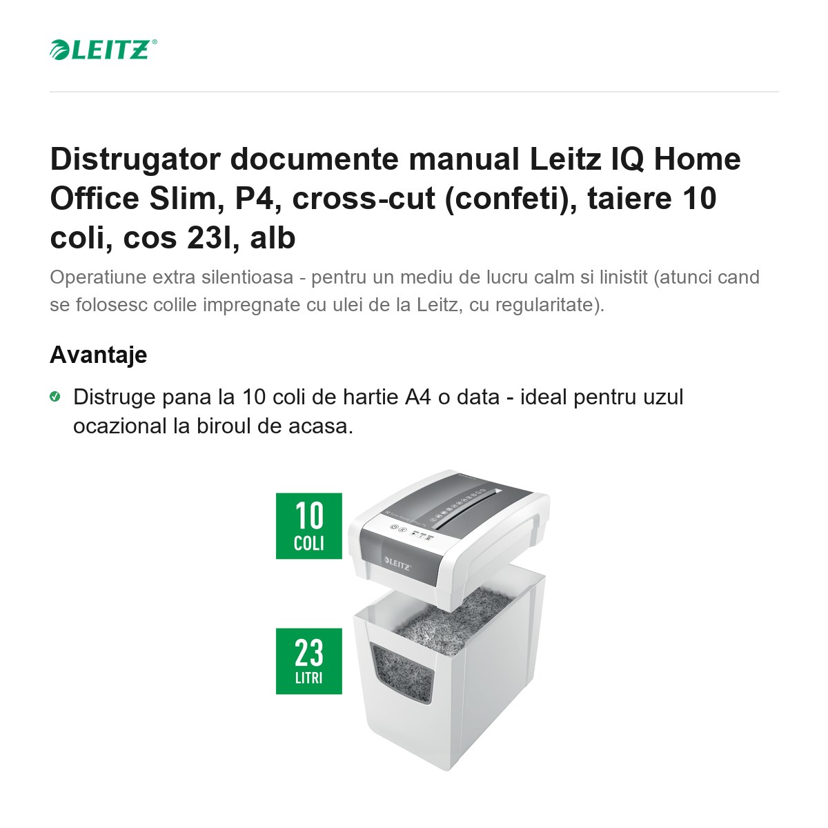 Distrugator documente manual Leitz IQ Home Office Slim, P4, cross-cut (confeti), taiere 10 coli, cos 23l, alb [2]