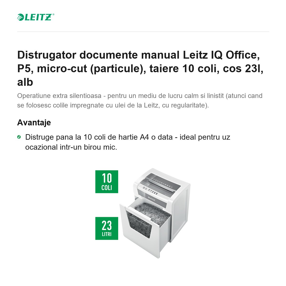Distrugator documente manual Leitz IQ Office, P5, micro-cut (particule), taiere 10 coli, cos 23l, alb [2]