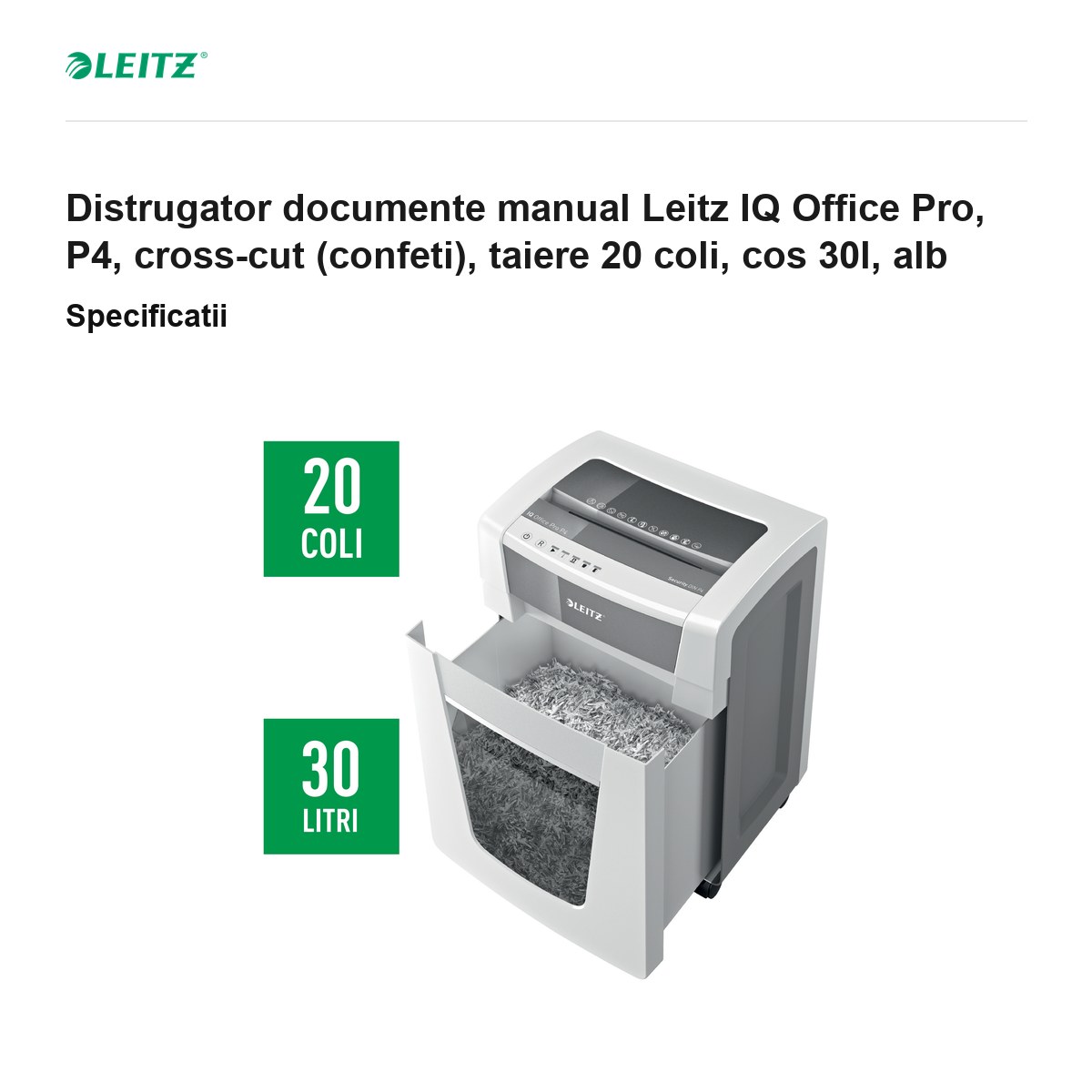 Distrugator documente manual Leitz IQ Office Pro, P4, cross-cut (confeti), taiere 20 coli, cos 30l, alb [3]