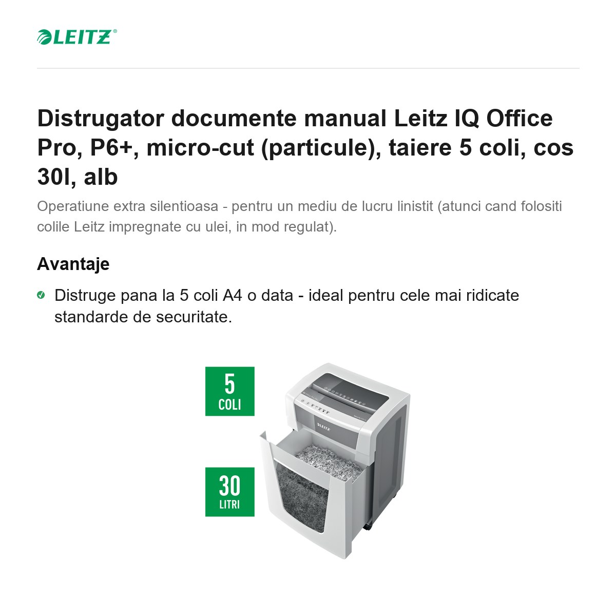 Distrugator documente manual Leitz IQ Office Pro, P6+, micro-cut (particule), taiere 5 coli, cos 30l, alb [2]