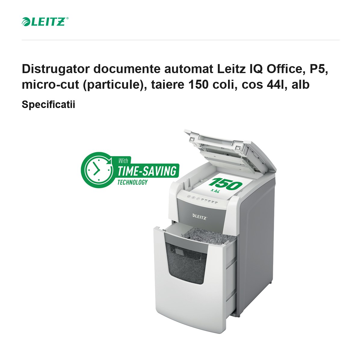 Distrugator documente automat Leitz IQ Office, P5, micro-cut (particule), taiere 150 coli, cos 44l, alb [3]
