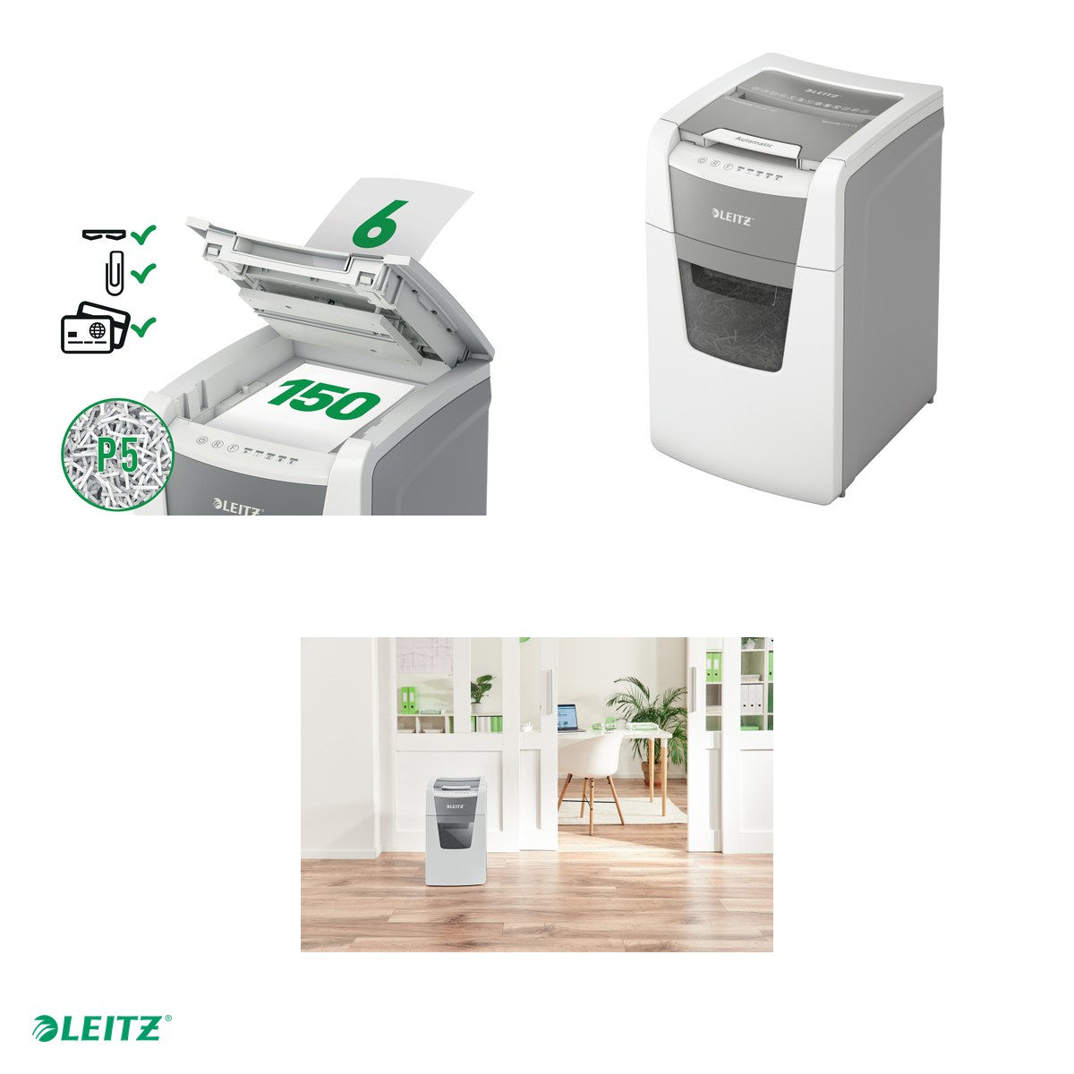 Distrugator documente automat Leitz IQ Office, P5, micro-cut (particule), taiere 150 coli, cos 44l, alb [4]