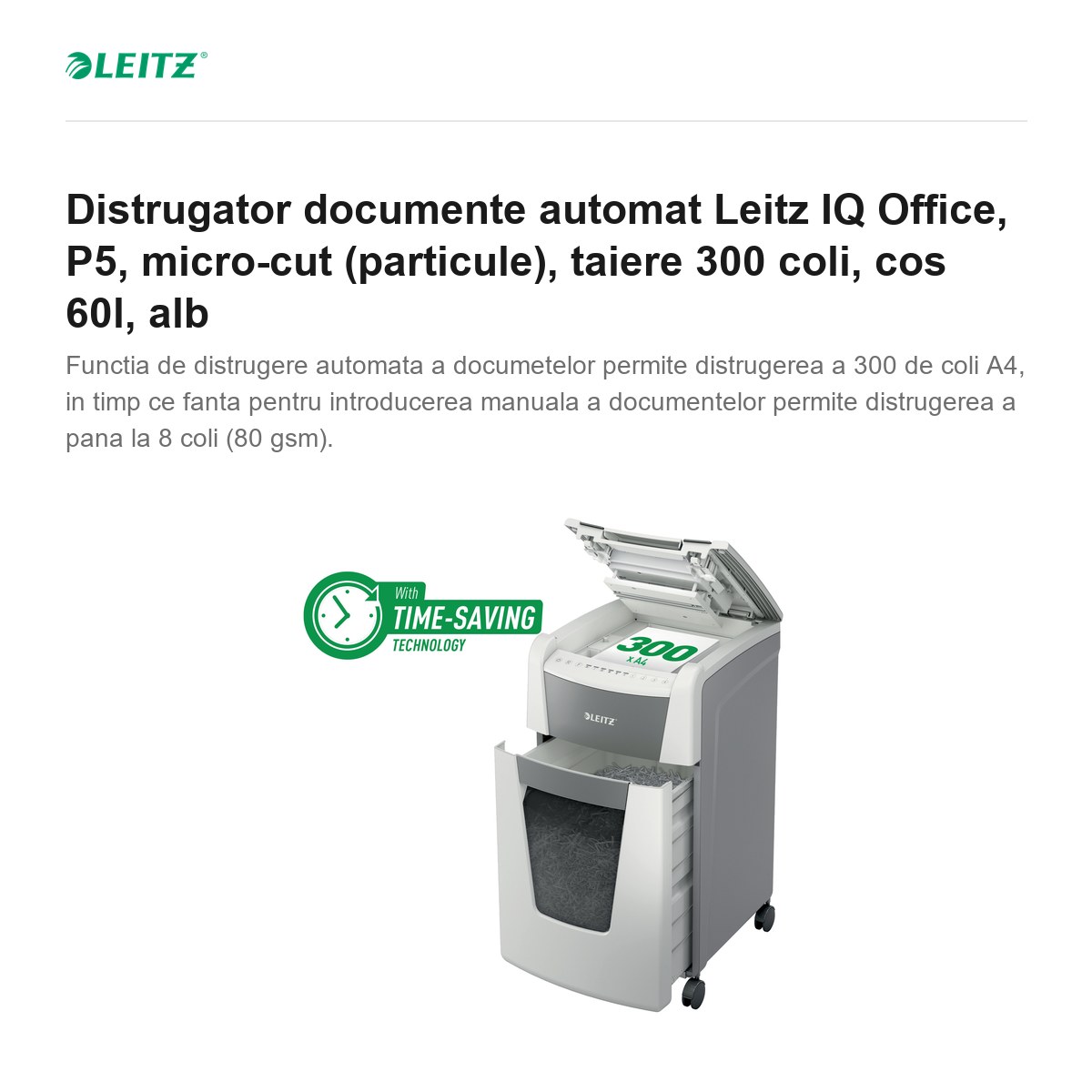 Distrugator documente automat Leitz IQ Office, P5, micro-cut (particule), taiere 300 coli, cos 60l, alb [2]
