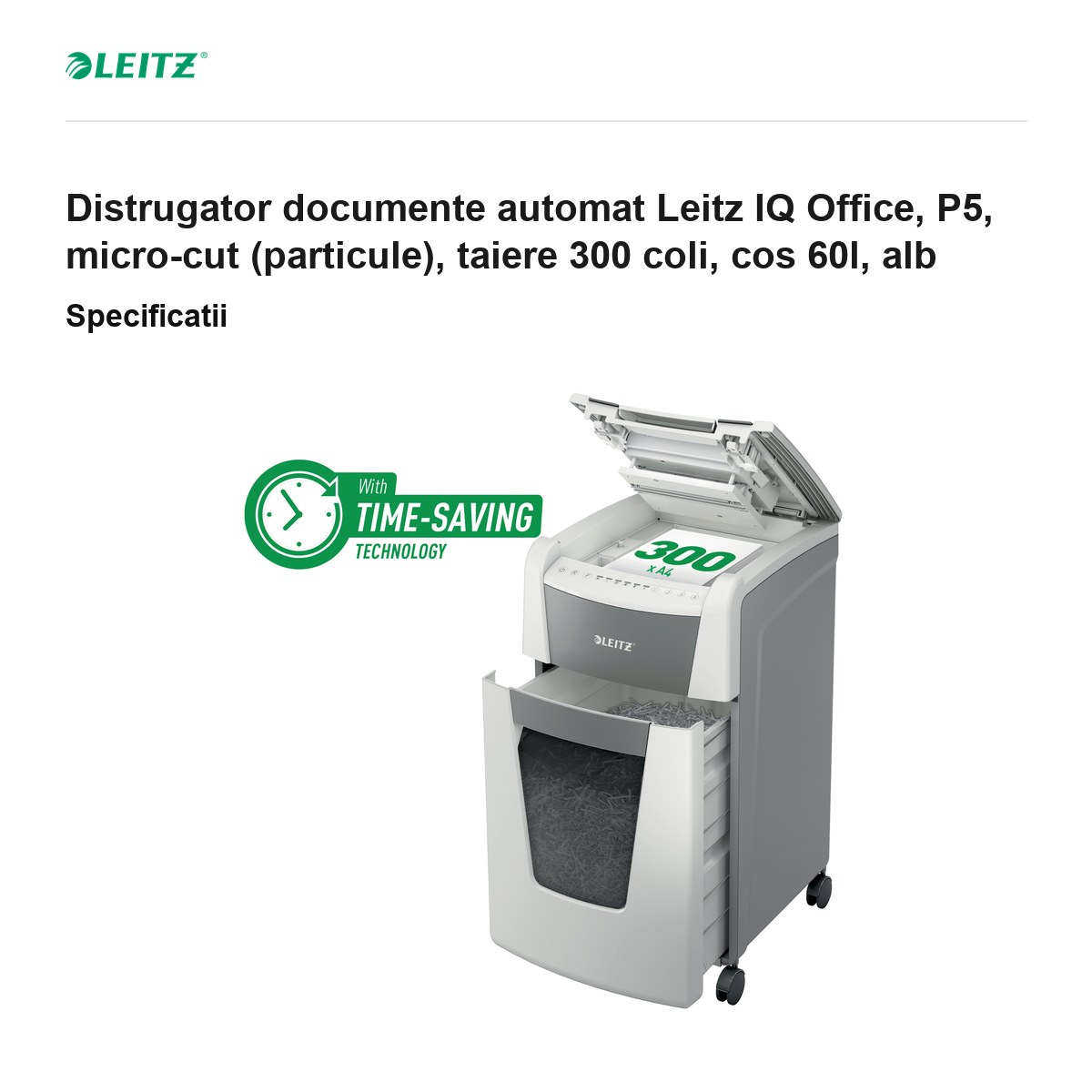 Distrugator documente automat Leitz IQ Office, P5, micro-cut (particule), taiere 300 coli, cos 60l, alb [3]