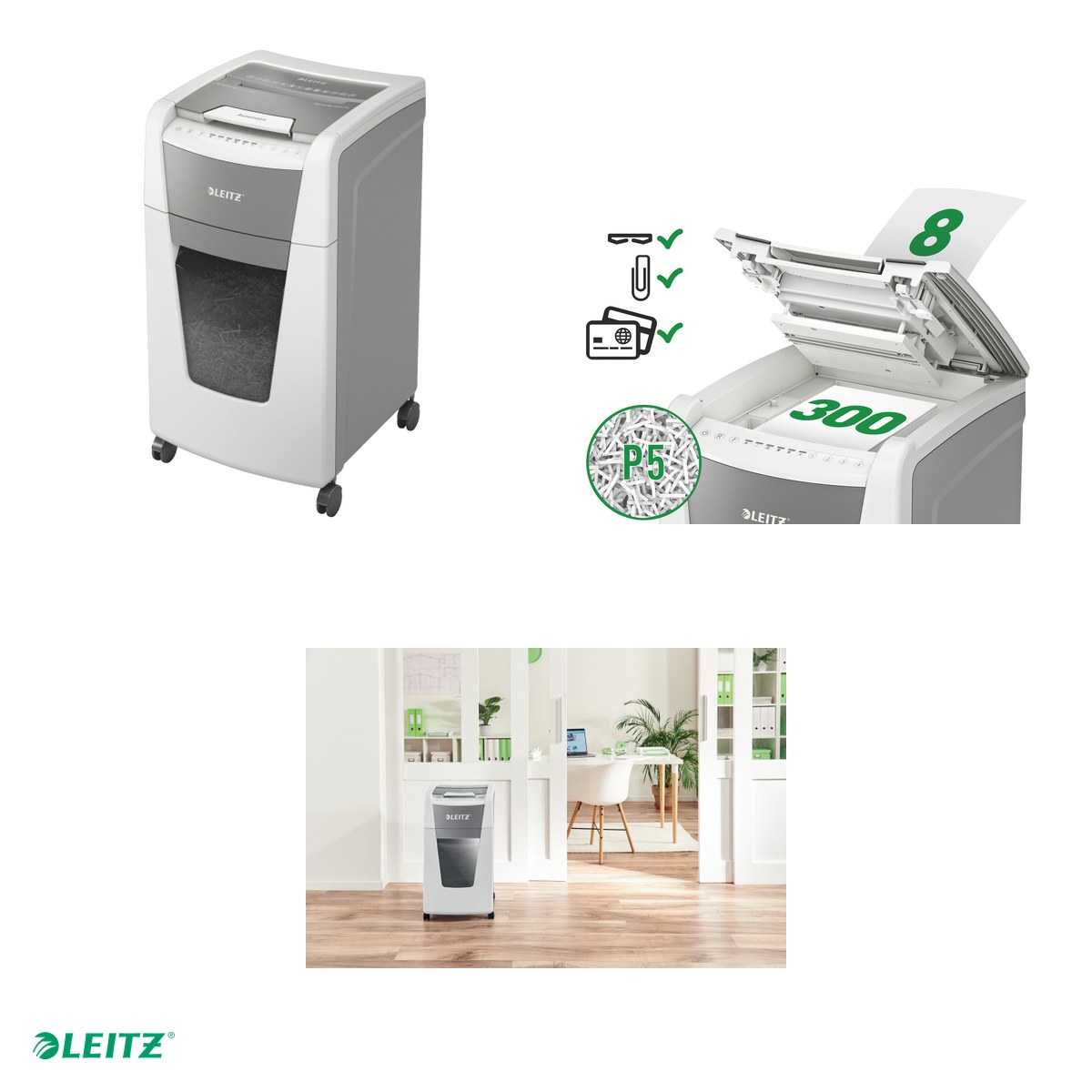 Distrugator documente automat Leitz IQ Office, P5, micro-cut (particule), taiere 300 coli, cos 60l, alb [4]