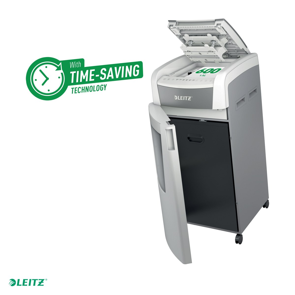 Distrugatoare documente si accesorii - Distrugator documente automat Leitz IQ Office, P4, cross-cut (confeti), taiere 600 coli, cos 110l, alb