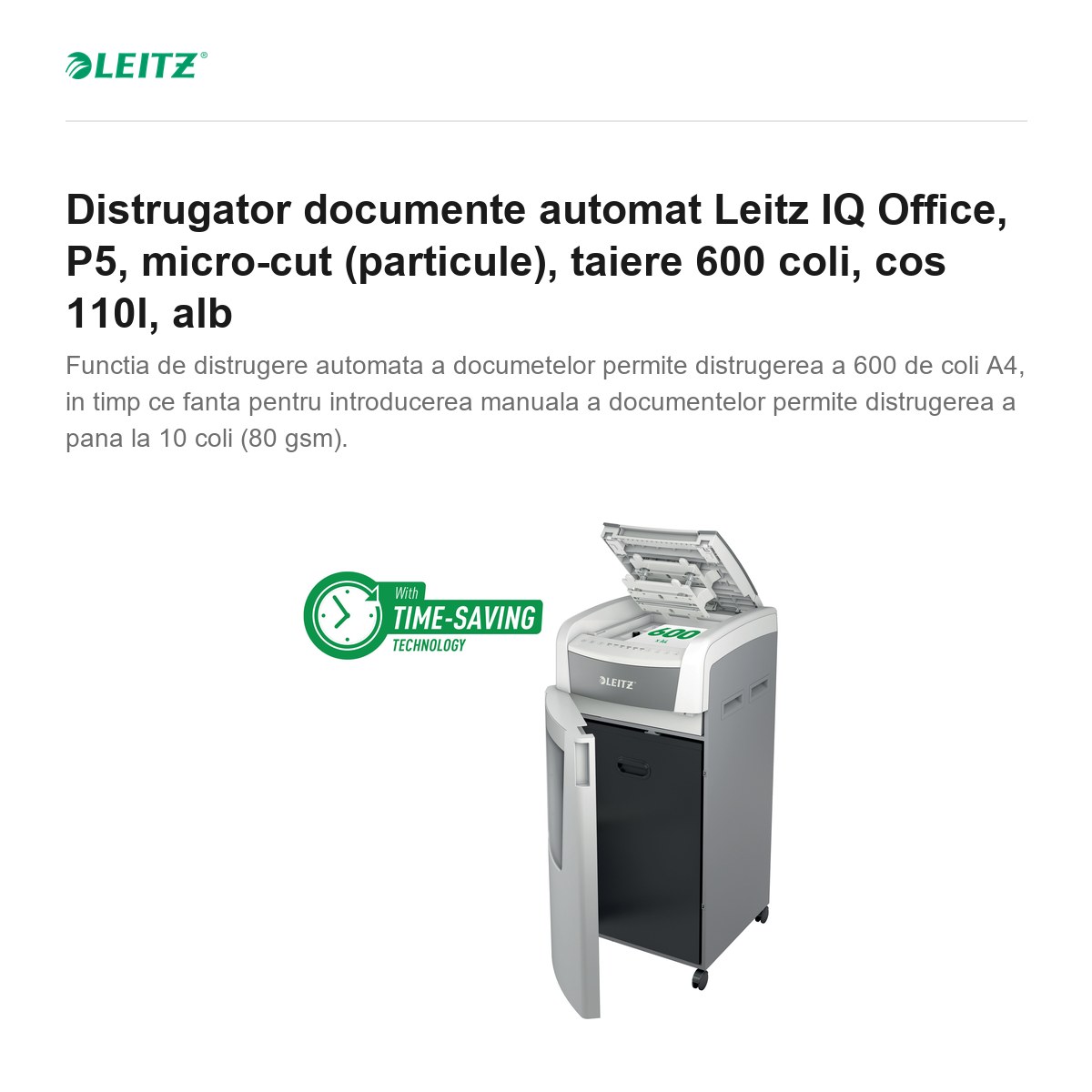 Distrugator documente automat Leitz IQ Office, P5, micro-cut (particule), taiere 600 coli, cos 110l, alb [2]