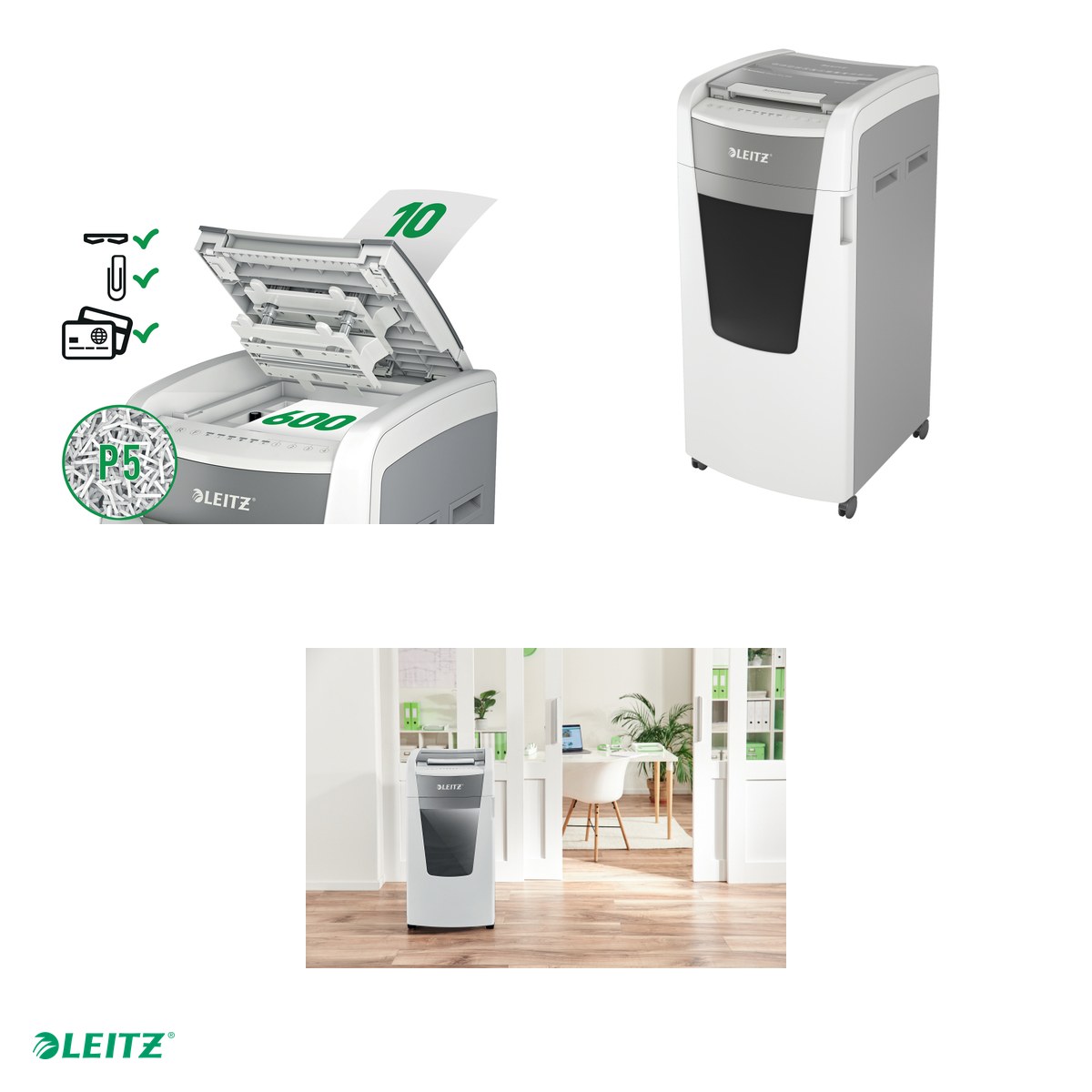 Distrugator documente automat Leitz IQ Office, P5, micro-cut (particule), taiere 600 coli, cos 110l, alb [4]