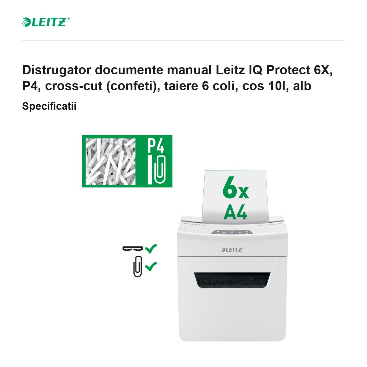 Distrugator documente manual Leitz IQ Protect 6X, P4, cross-cut (confeti), taiere 6 coli, cos 10l, alb [3]