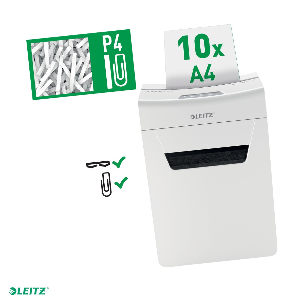 Distrugatoare documente si accesorii - Distrugator documente manual Leitz IQ Protect 10X, P4, cross-cut (confeti), taiere 10 coli, cos 18l, alb