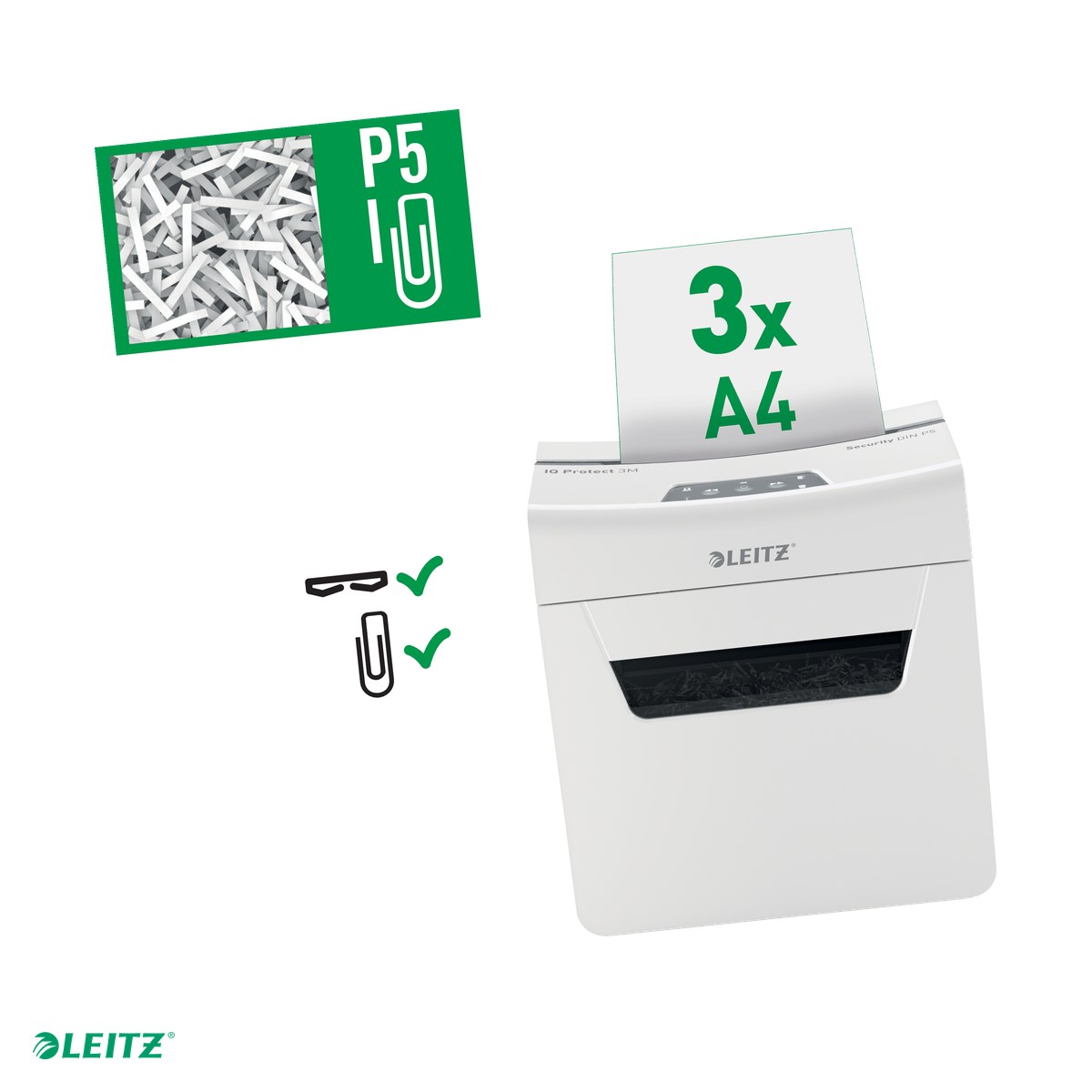 Distrugatoare documente si accesorii - Distrugator documente manual Leitz IQ Protect 3M, P5, micro-cut (particule), taiere 3 coli, cos 10l, alb