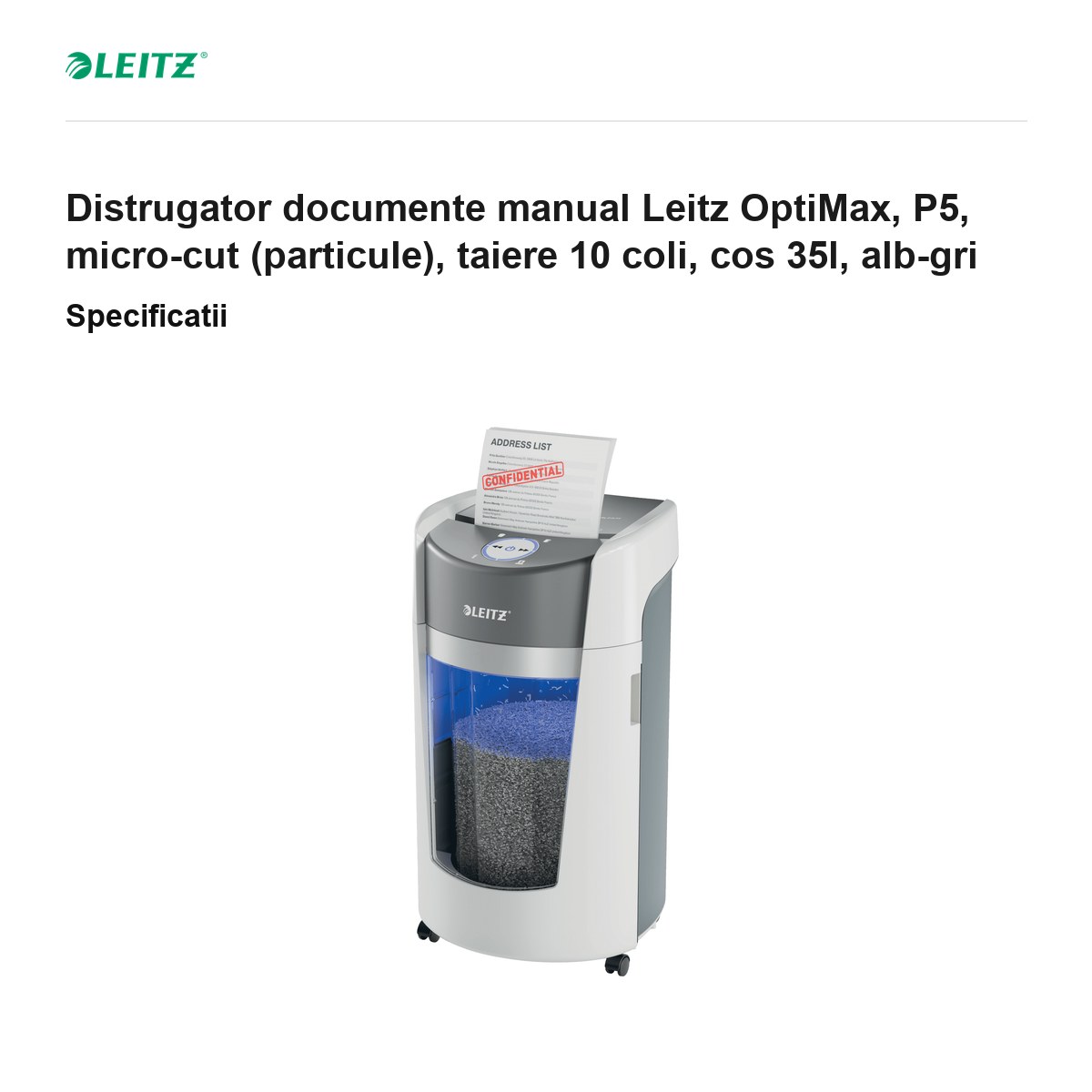Distrugator documente manual Leitz OptiMax, P5, micro-cut (particule), taiere 10 coli, cos 35l, alb-gri [3]