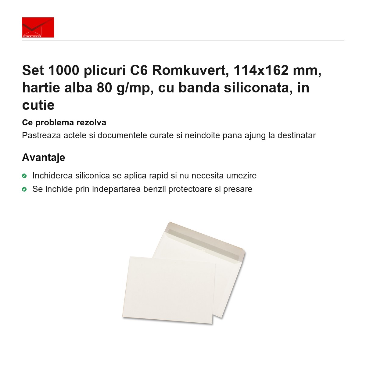 Set 1000 plicuri C6 Romkuvert, 114x162 mm, hartie alba 80 g/mp, cu banda siliconata, in cutie [2]