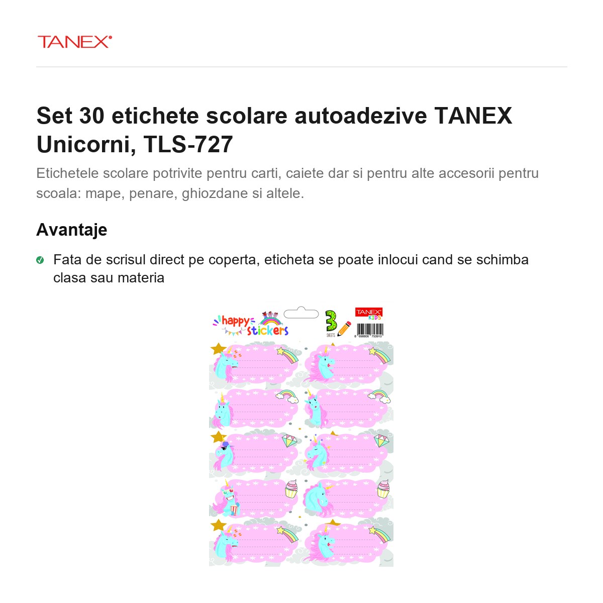 Set 30 etichete scolare autoadezive TANEX Unicorni, TLS-727 [2]