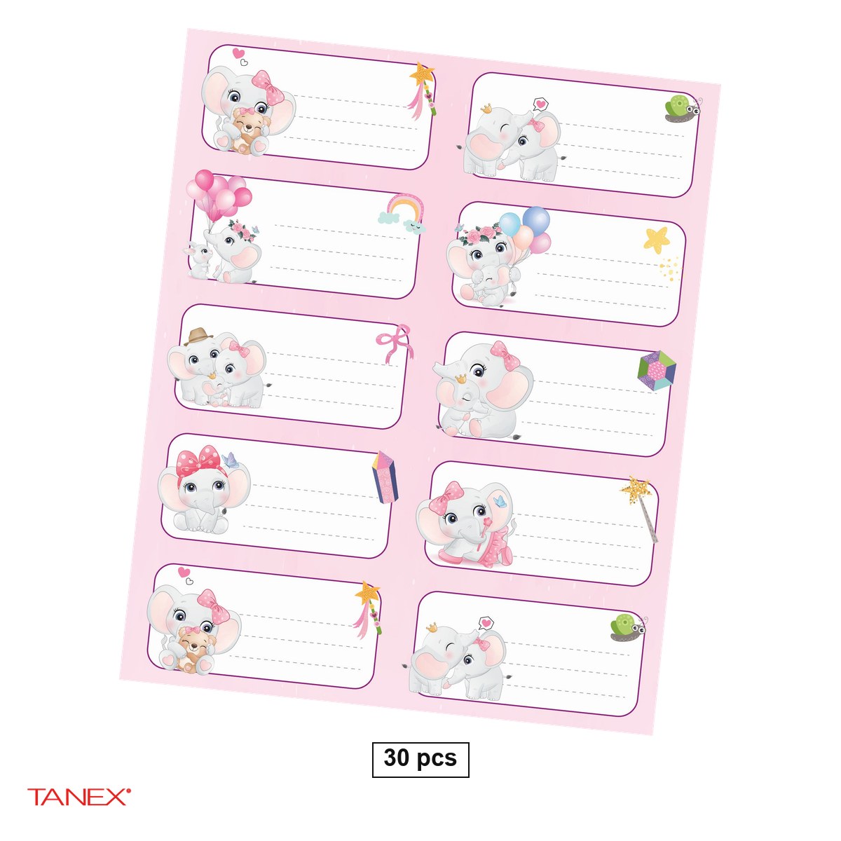 Birotica papetarie - Set 30 etichete scolare autoadezive TANEX Elefanti, TLS-736