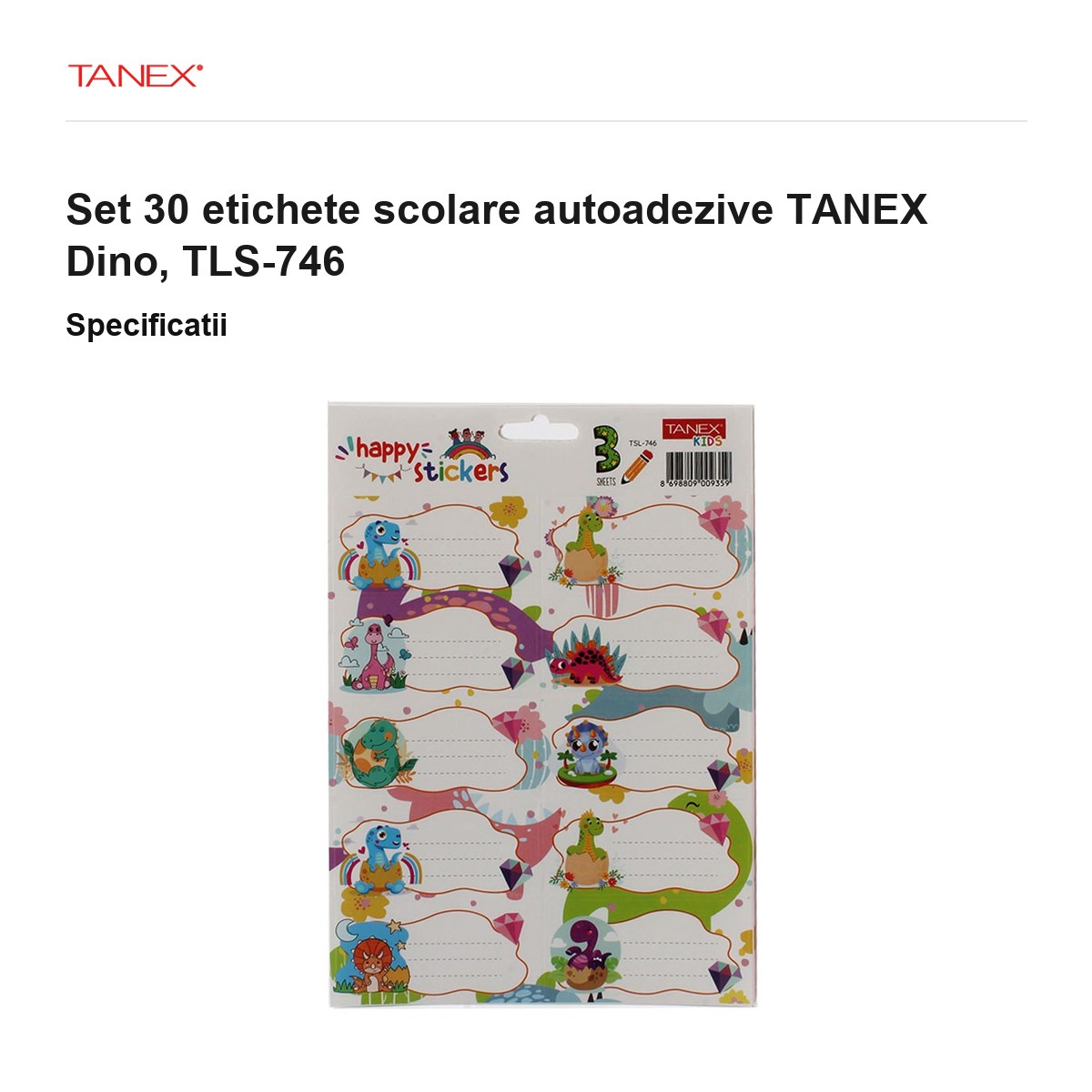 Set 30 etichete scolare autoadezive TANEX Dino, TLS-746 [3]