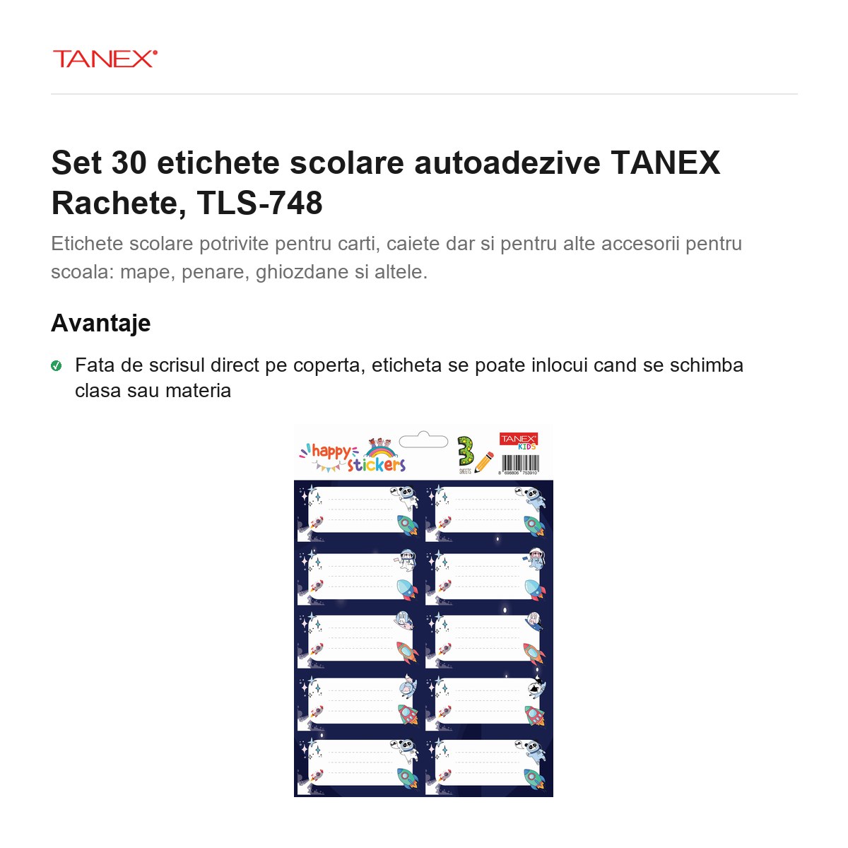 Set 30 etichete scolare autoadezive TANEX Rachete, TLS-748 [2]