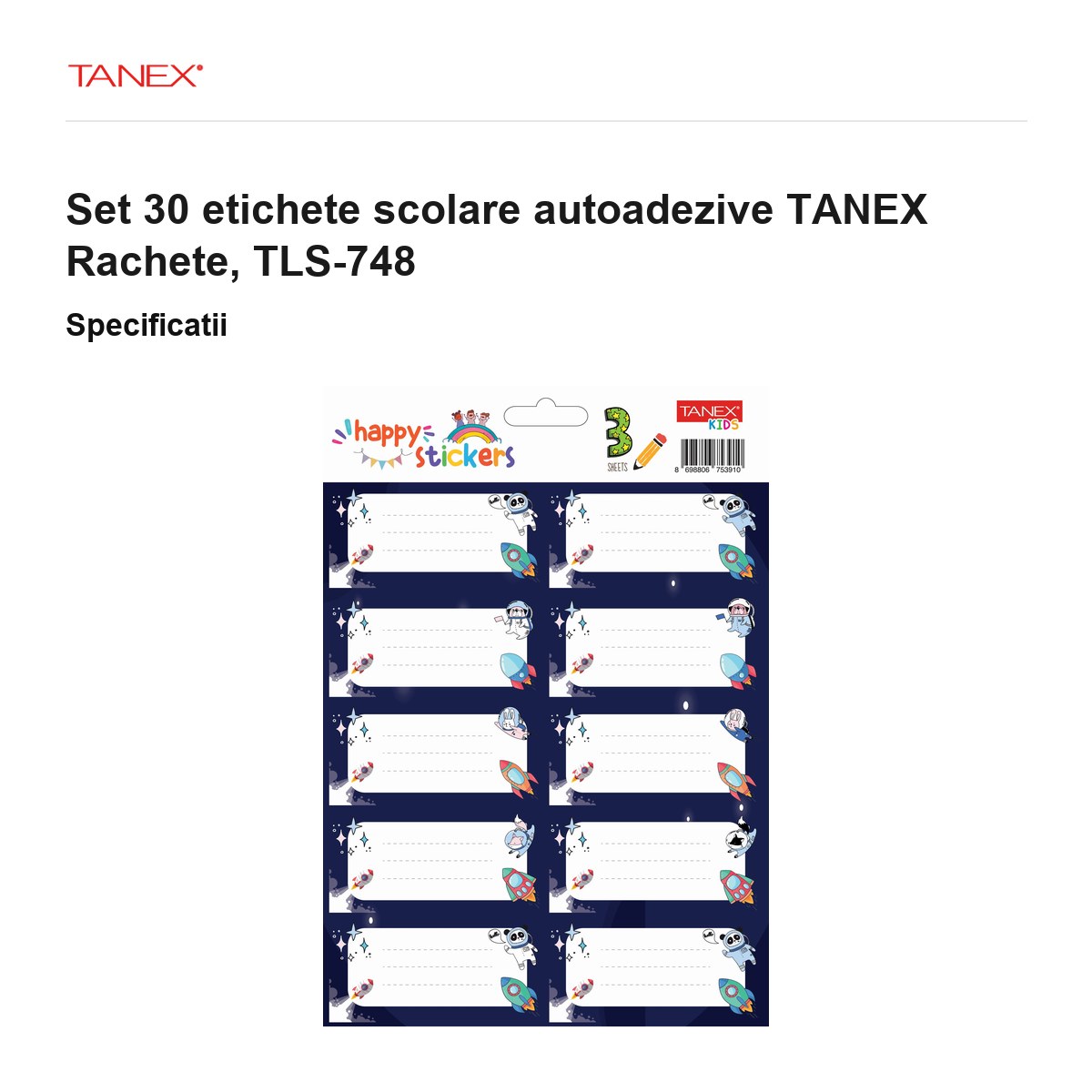 Set 30 etichete scolare autoadezive TANEX Rachete, TLS-748 [3]