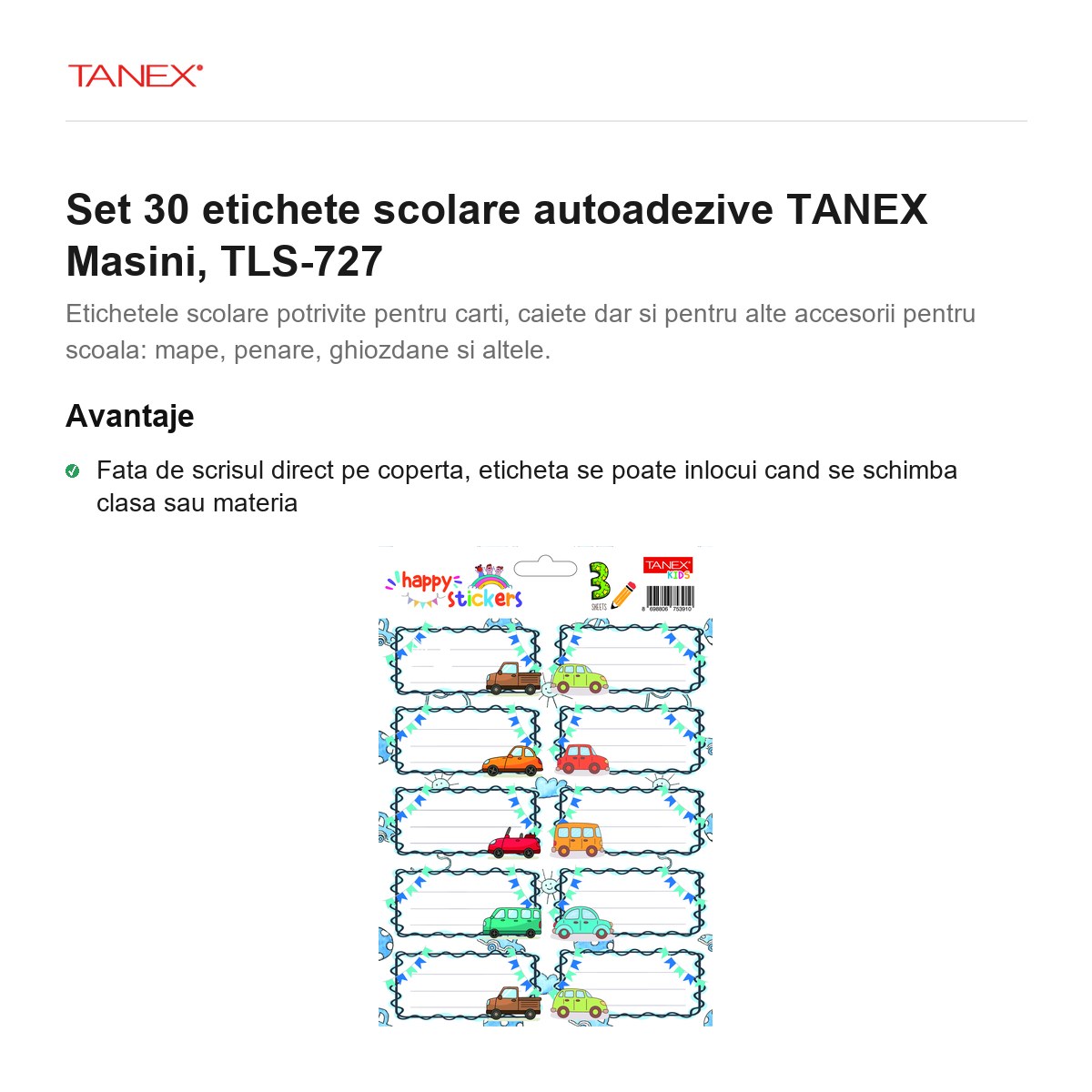 Set 30 etichete scolare autoadezive TANEX Masini, TLS-727 [2]