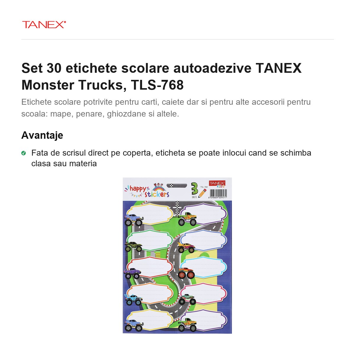 Set 30 etichete scolare autoadezive TANEX Monster Trucks, TLS-768 [2]