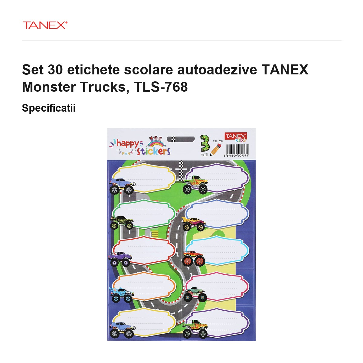 Set 30 etichete scolare autoadezive TANEX Monster Trucks, TLS-768 [3]