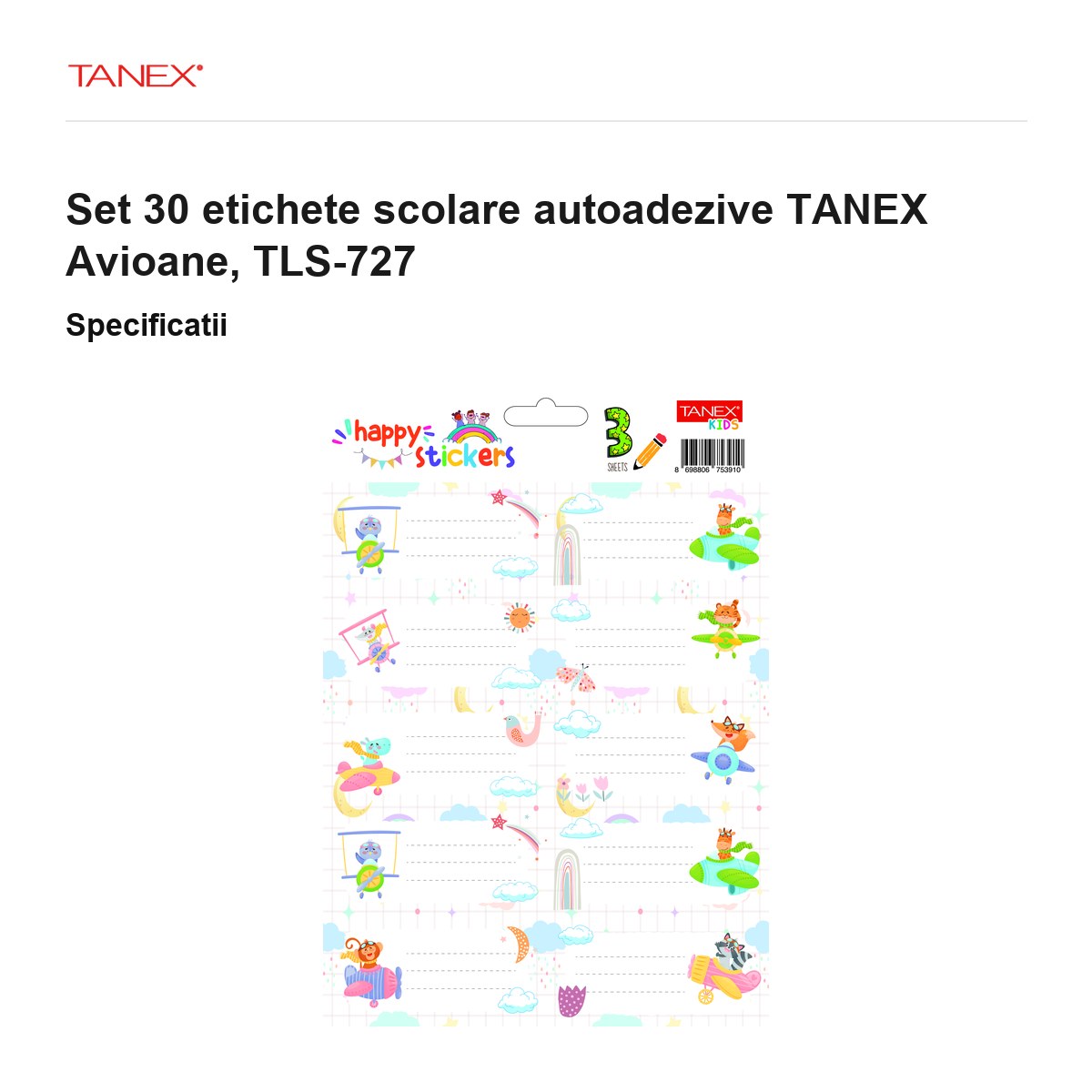 Set 30 etichete scolare autoadezive TANEX Avioane, TLS-727 [3]