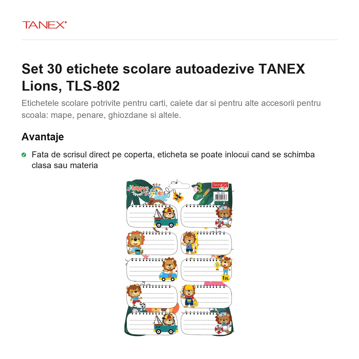 Set 30 etichete scolare autoadezive TANEX Lions, TLS-802 [2]